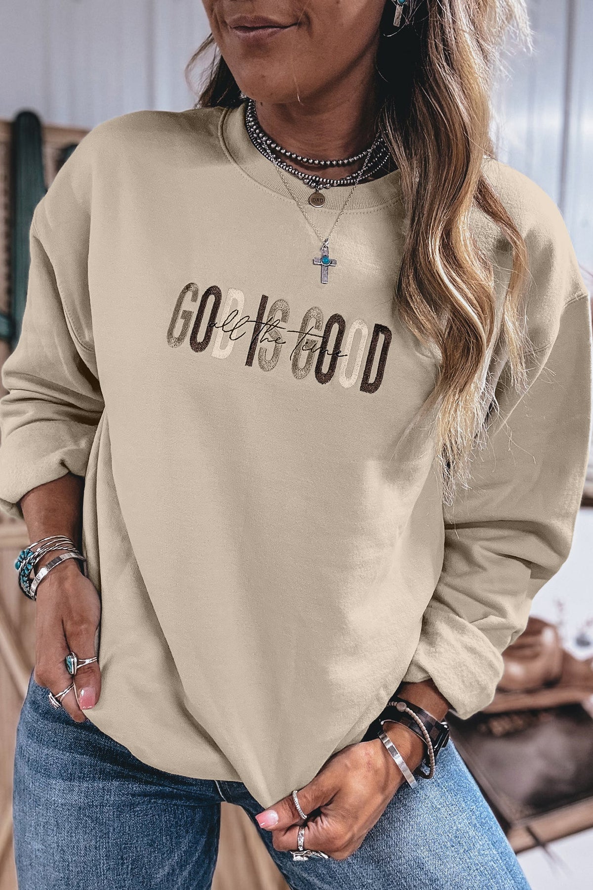 God Is Good (Beige) Embroidered Sweatshirt
