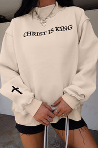 Christ Is King Embroidered Mock Neck Sweatshirt w/Embroidered Cross on Sleeve