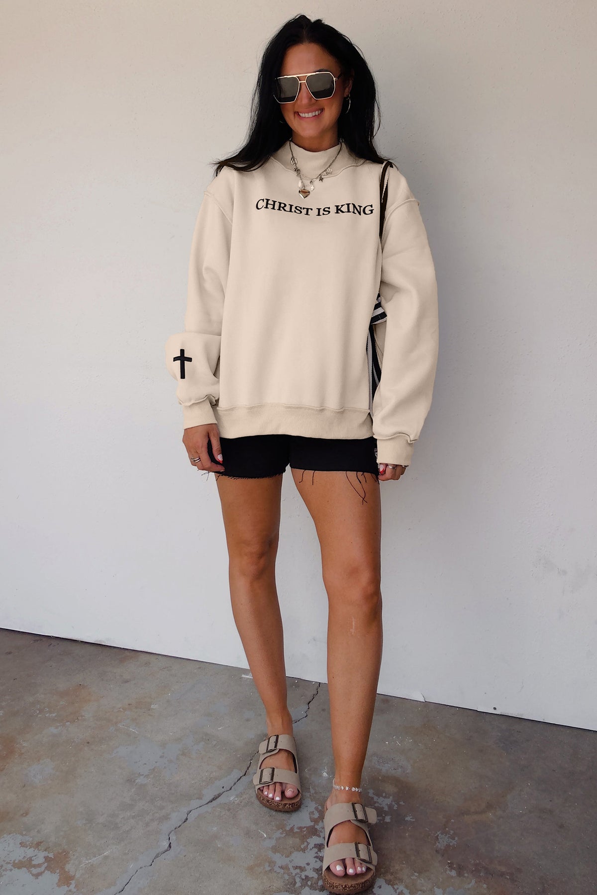 Christ Is King Embroidered Mock Neck Sweatshirt w/Embroidered Cross on Sleeve