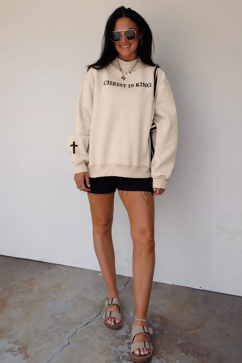 Christ Is King Embroidered Mock Neck Sweatshirt w/Embroidered Cross on Sleeve