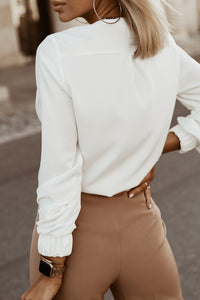 Pleated Top (White) with Puff Sleeves and Hidden Buttons