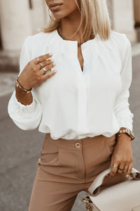 Pleated Top (White) with Puff Sleeves and Hidden Buttons