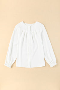 Pleated Top (White) with Puff Sleeves and Hidden Buttons