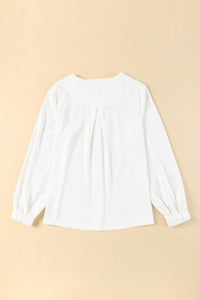 Pleated Top (White) with Puff Sleeves and Hidden Buttons