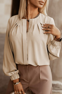 Pleated Top (Cream) with Puff Sleeves and Hidden Buttons