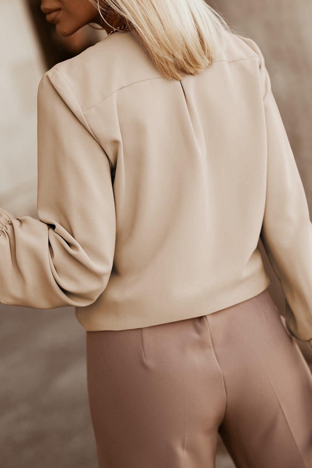 Pleated Top (Cream) with Puff Sleeves and Hidden Buttons