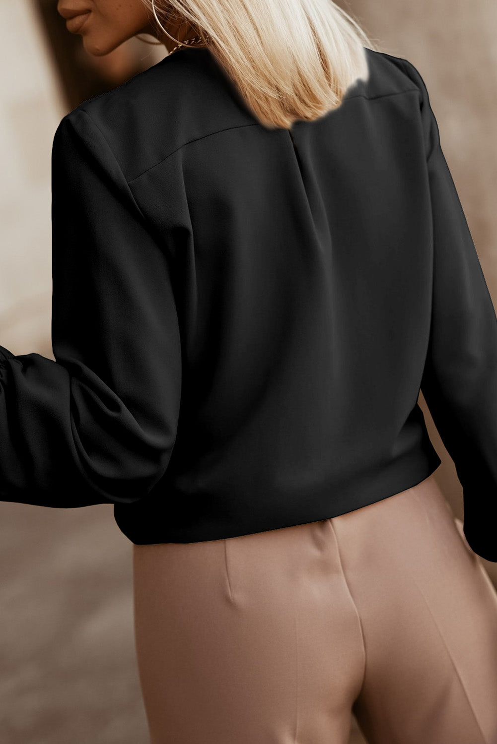 Pleated Top (Black) with Puff Sleeves and Hidden Buttons