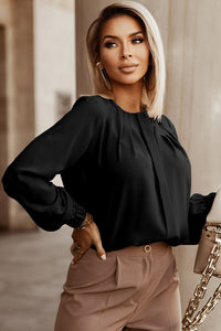 Pleated Top (Black) with Puff Sleeves and Hidden Buttons