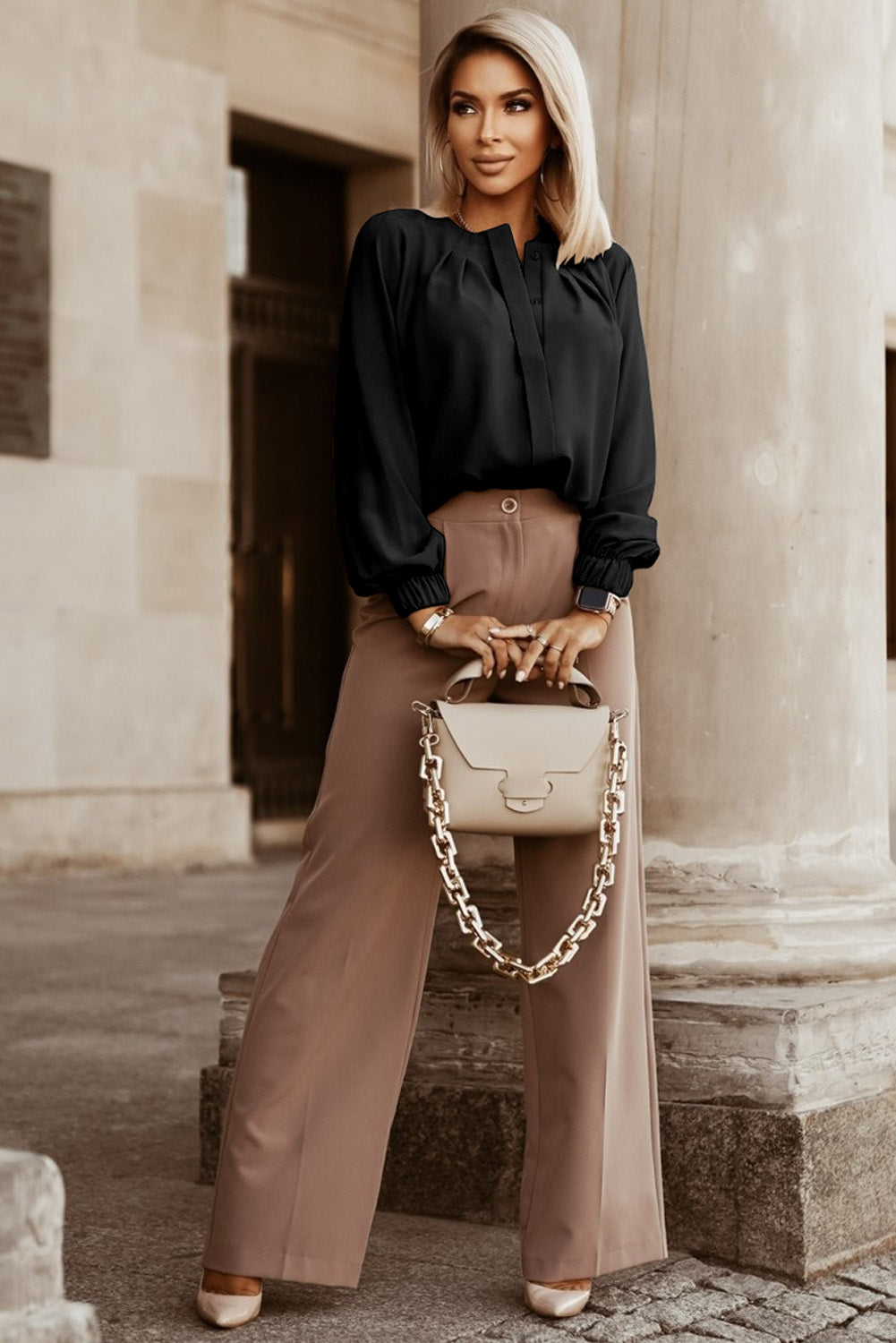 Pleated Top (Black) with Puff Sleeves and Hidden Buttons