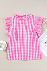 Pink & White Checkered Ruffled Sleeve Top