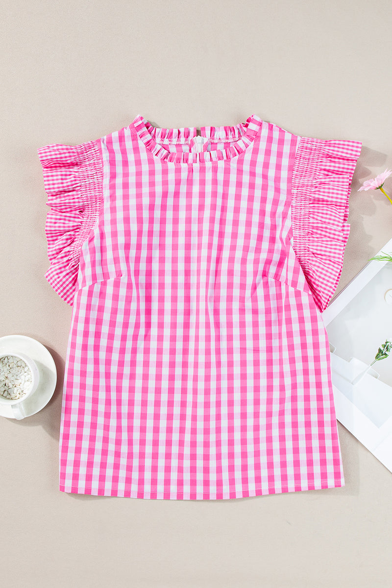 Pink & White Checkered Ruffled Sleeve Top