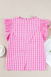 Pink & White Checkered Ruffled Sleeve Top