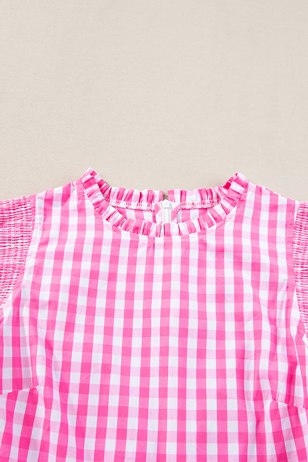 Pink & White Checkered Ruffled Sleeve Top