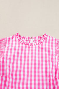 Pink & White Checkered Ruffled Sleeve Top