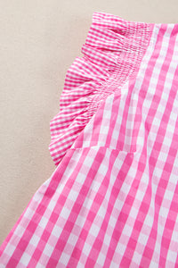 Pink & White Checkered Ruffled Sleeve Top
