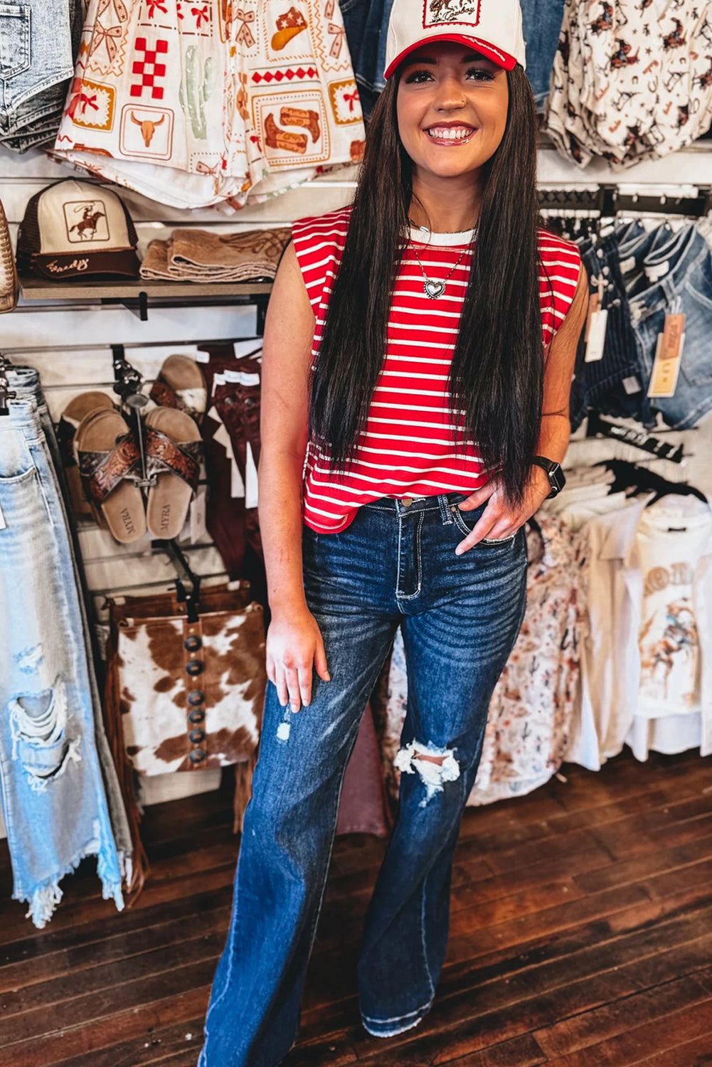 Red/White Striped Sleeveless Loose-Fitting Top
