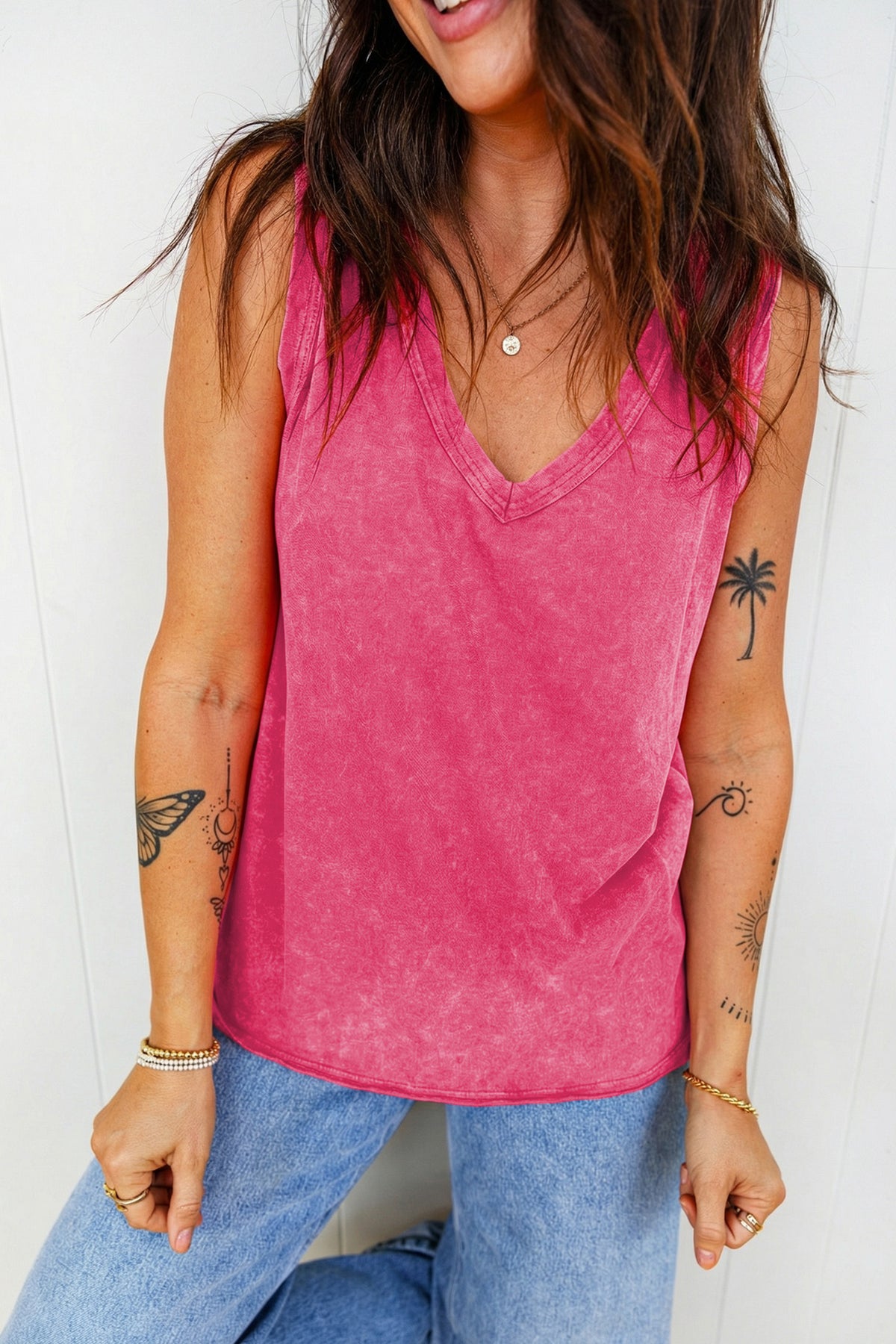 Mineral Wash (Pink) V-Neck Tank Top