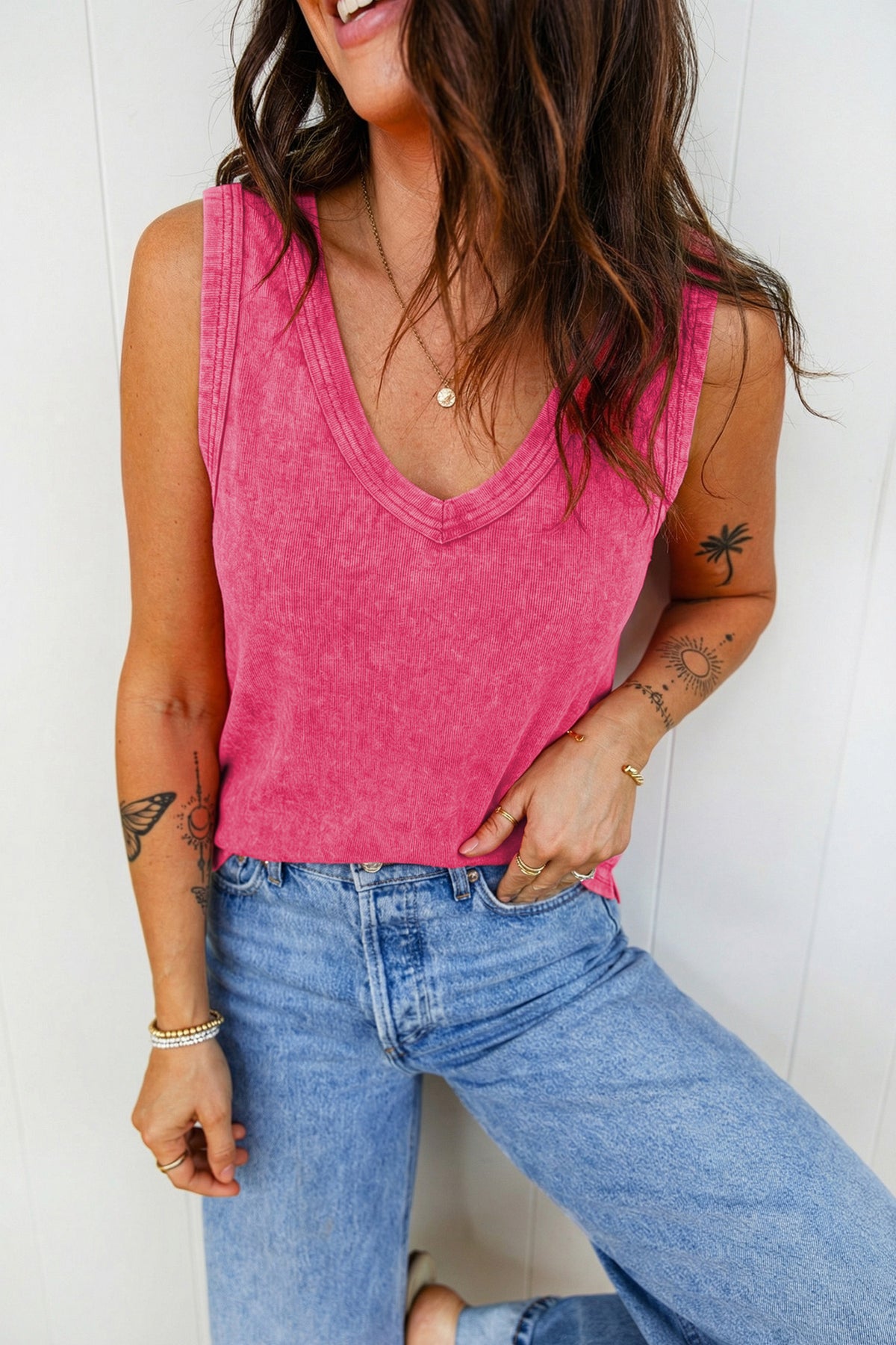 Mineral Wash (Pink) V-Neck Tank Top