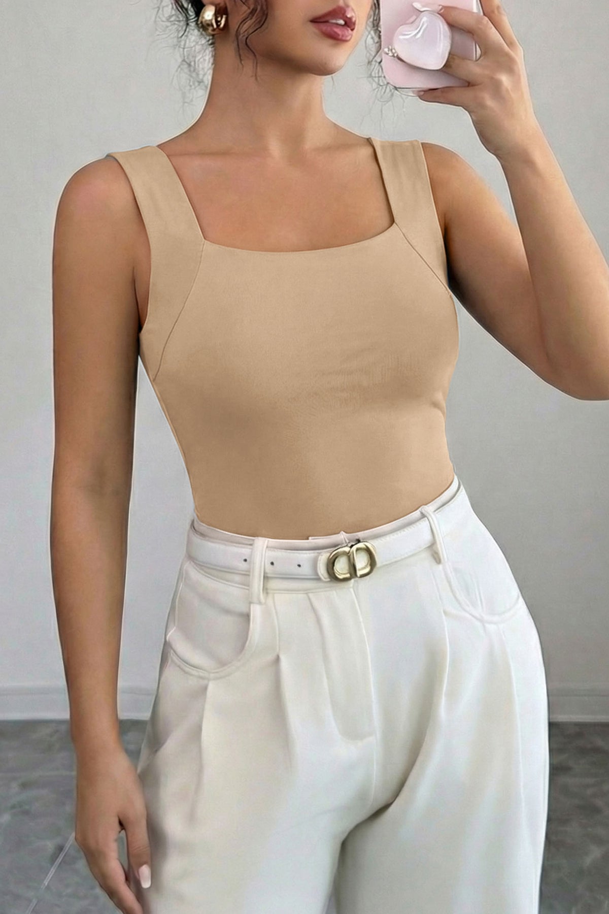 Wide-Strap Braless (Tan) Tank Top w/Built-In Padding