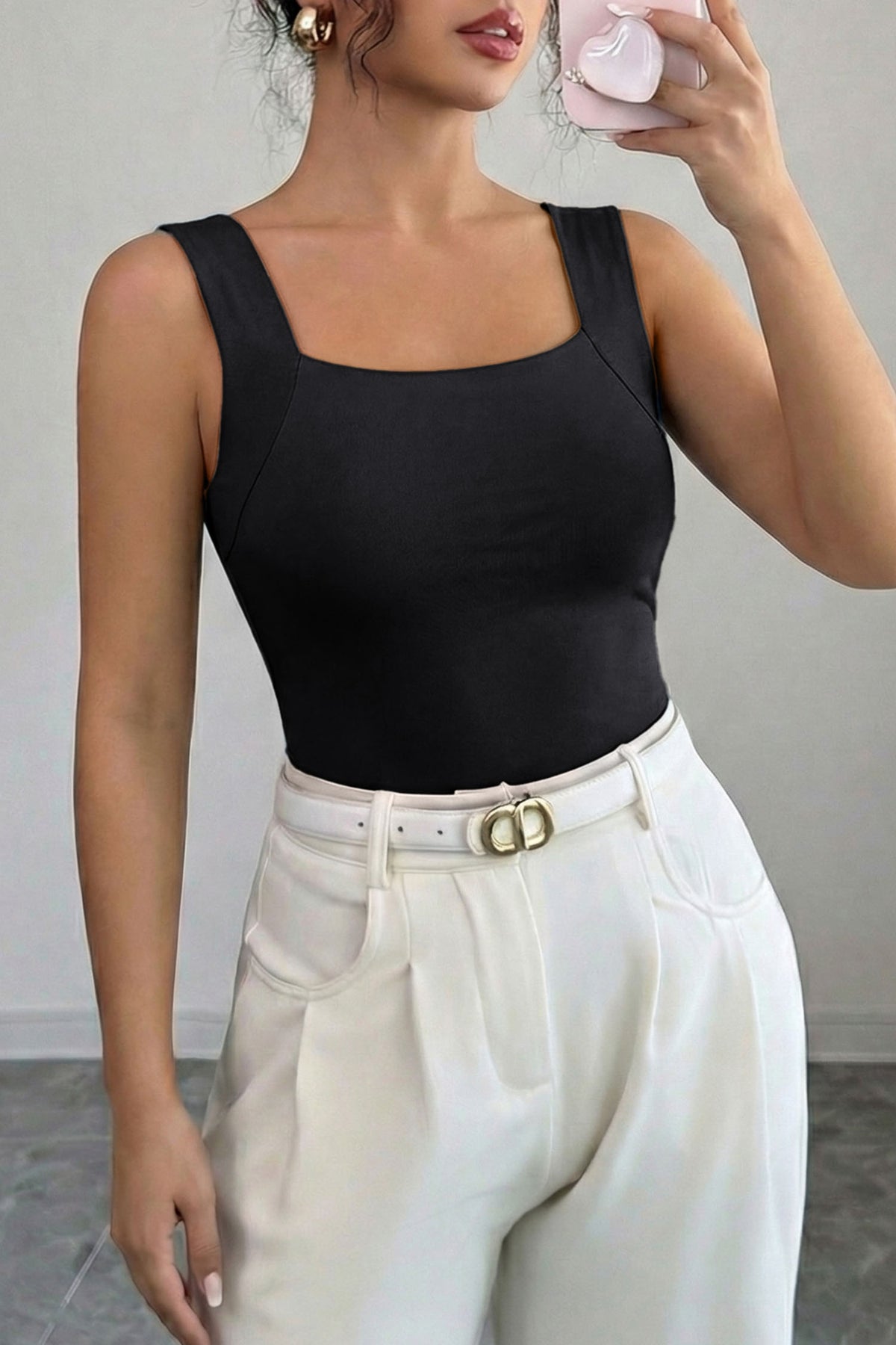 Wide-Strap Braless (Black) Tank Top w/Built-In Padding