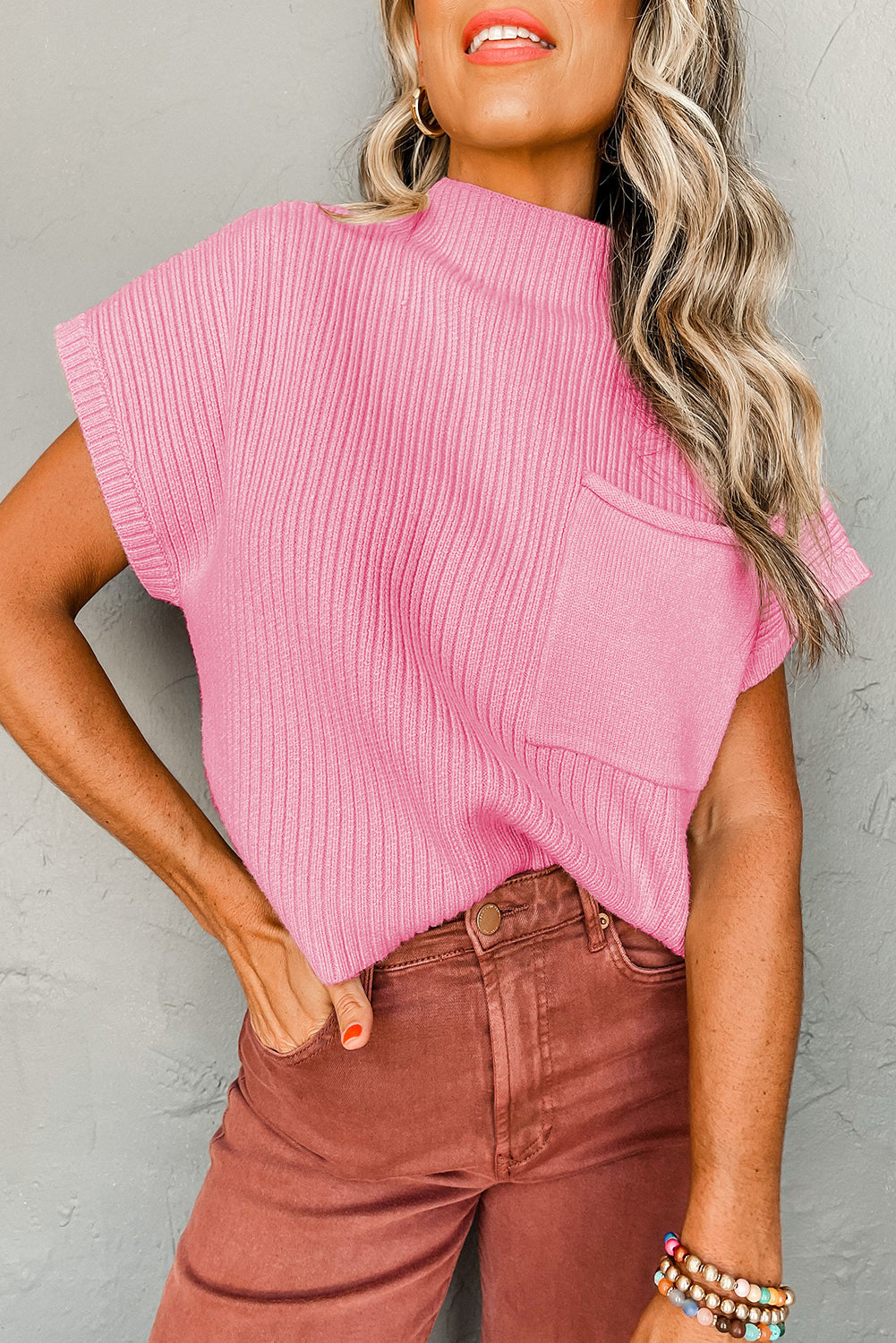 Ribbed (Pink) Short Sleeve Sweater w/ Patch Pocket