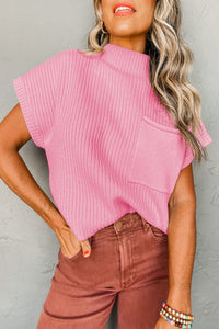 Ribbed (Pink) Short Sleeve Sweater w/ Patch Pocket