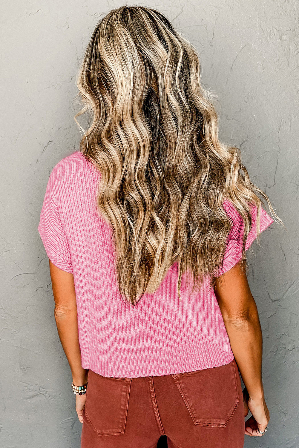 Ribbed (Pink) Short Sleeve Sweater w/ Patch Pocket