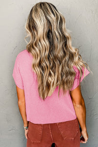 Ribbed (Pink) Short Sleeve Sweater w/ Patch Pocket