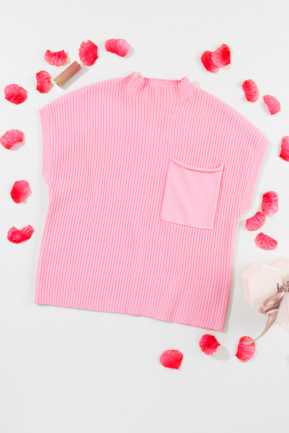Ribbed (Pink) Short Sleeve Sweater w/ Patch Pocket