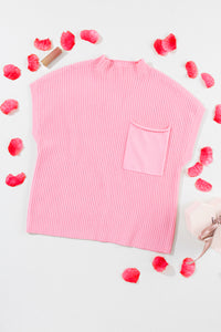 Ribbed (Pink) Short Sleeve Sweater w/ Patch Pocket
