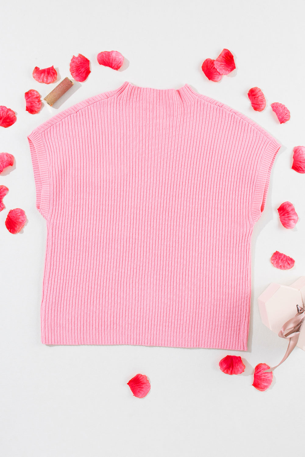 Ribbed (Pink) Short Sleeve Sweater w/ Patch Pocket