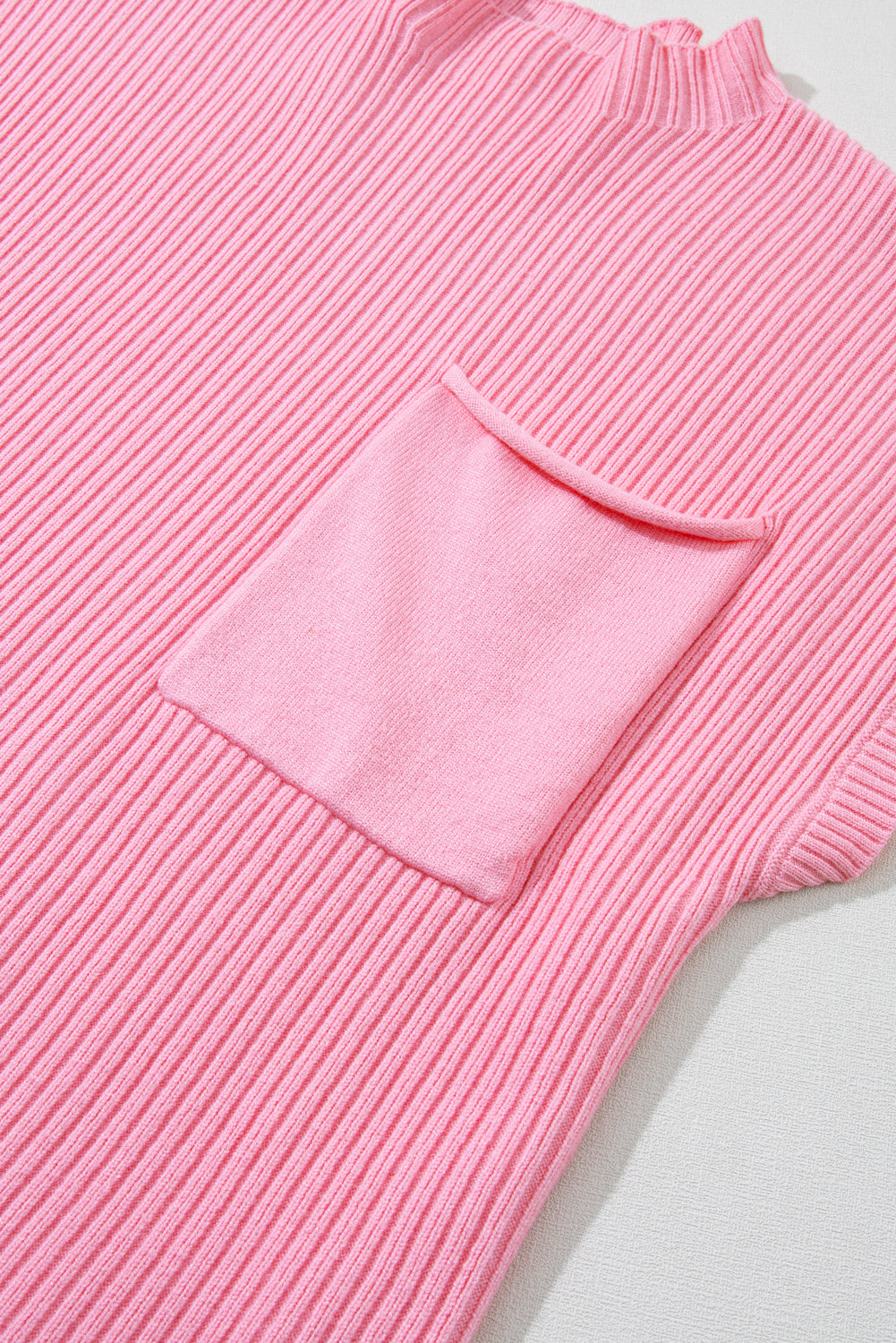 Ribbed (Pink) Short Sleeve Sweater w/ Patch Pocket