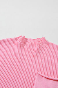 Ribbed (Pink) Short Sleeve Sweater w/ Patch Pocket