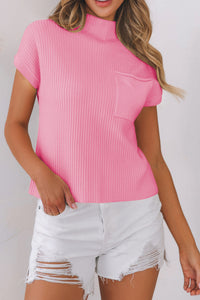 Ribbed (Pink) Short Sleeve Sweater w/ Patch Pocket