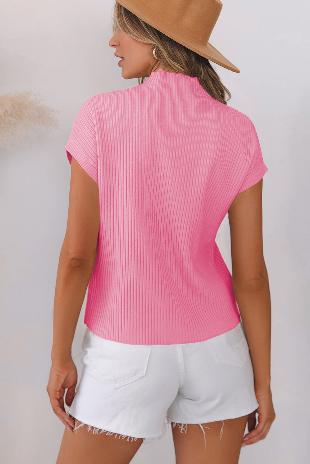 Ribbed (Pink) Short Sleeve Sweater w/ Patch Pocket
