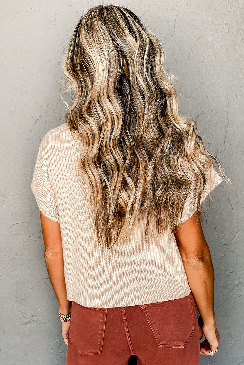 Ribbed (Tan) Short Sleeve Sweater w/ Patch Pocket