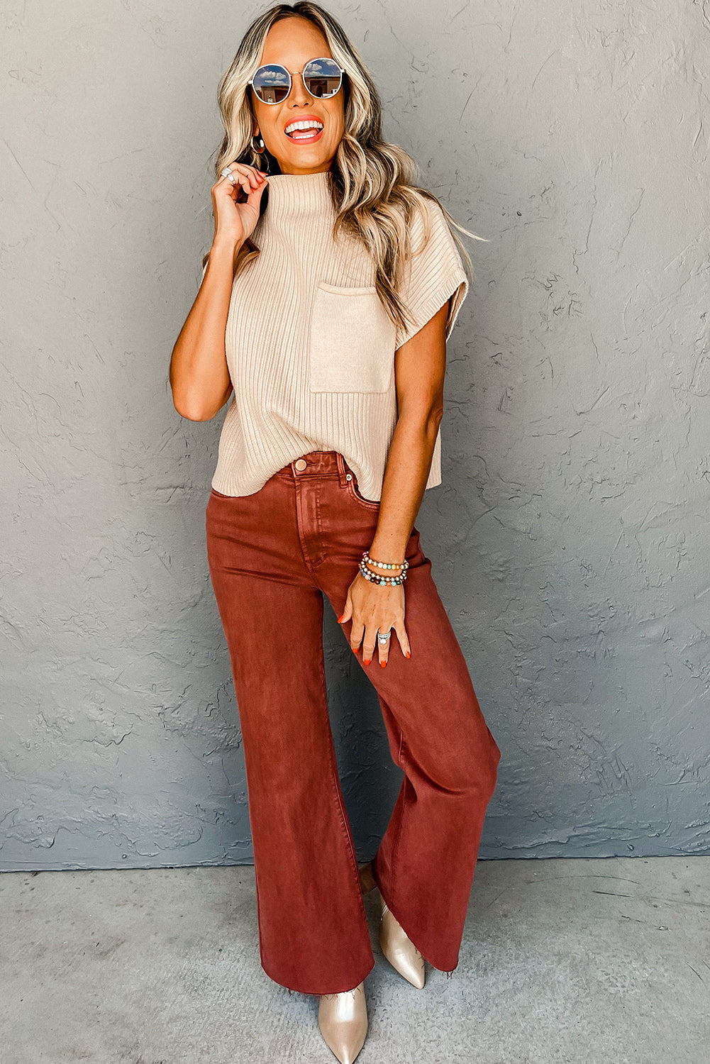 Ribbed (Tan) Short Sleeve Sweater w/ Patch Pocket