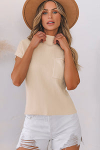 Ribbed (Tan) Short Sleeve Sweater w/ Patch Pocket