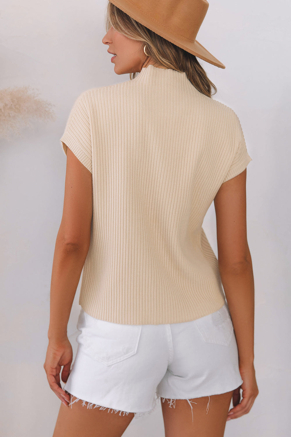 Ribbed (Tan) Short Sleeve Sweater w/ Patch Pocket