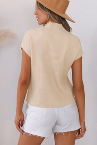 Ribbed (Tan) Short Sleeve Sweater w/ Patch Pocket