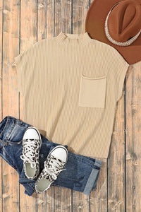 Ribbed (Tan) Short Sleeve Sweater w/ Patch Pocket