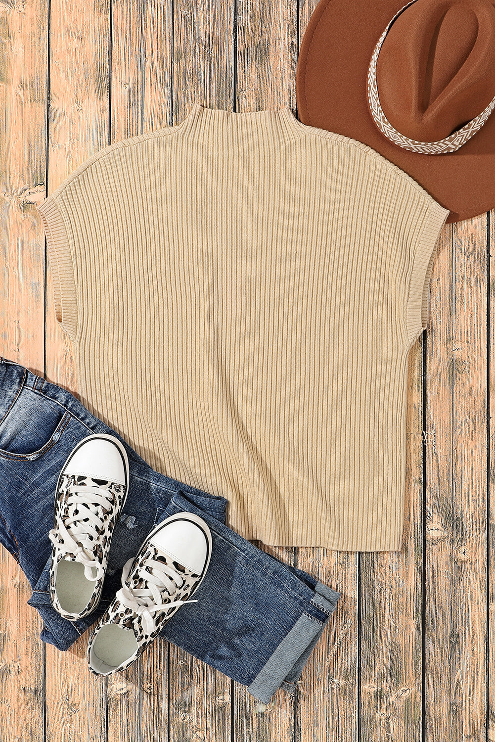 Ribbed (Tan) Short Sleeve Sweater w/ Patch Pocket