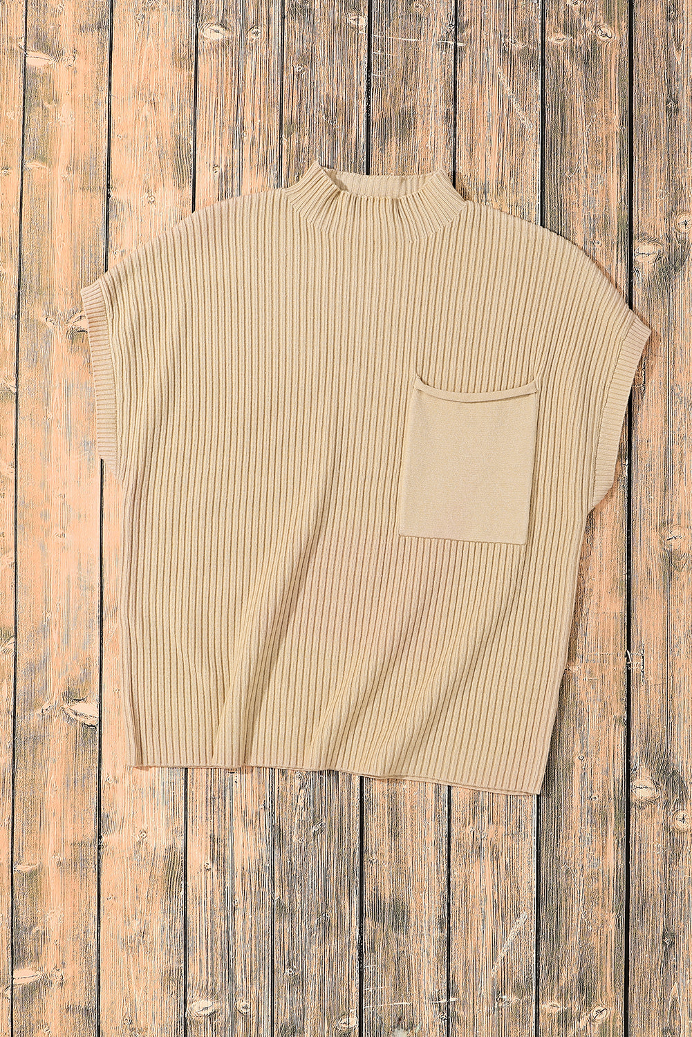 Ribbed (Tan) Short Sleeve Sweater w/ Patch Pocket