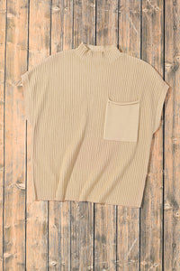 Ribbed (Tan) Short Sleeve Sweater w/ Patch Pocket