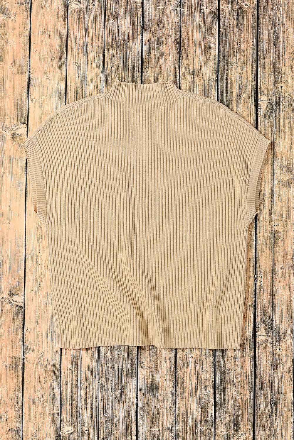 Ribbed (Tan) Short Sleeve Sweater w/ Patch Pocket