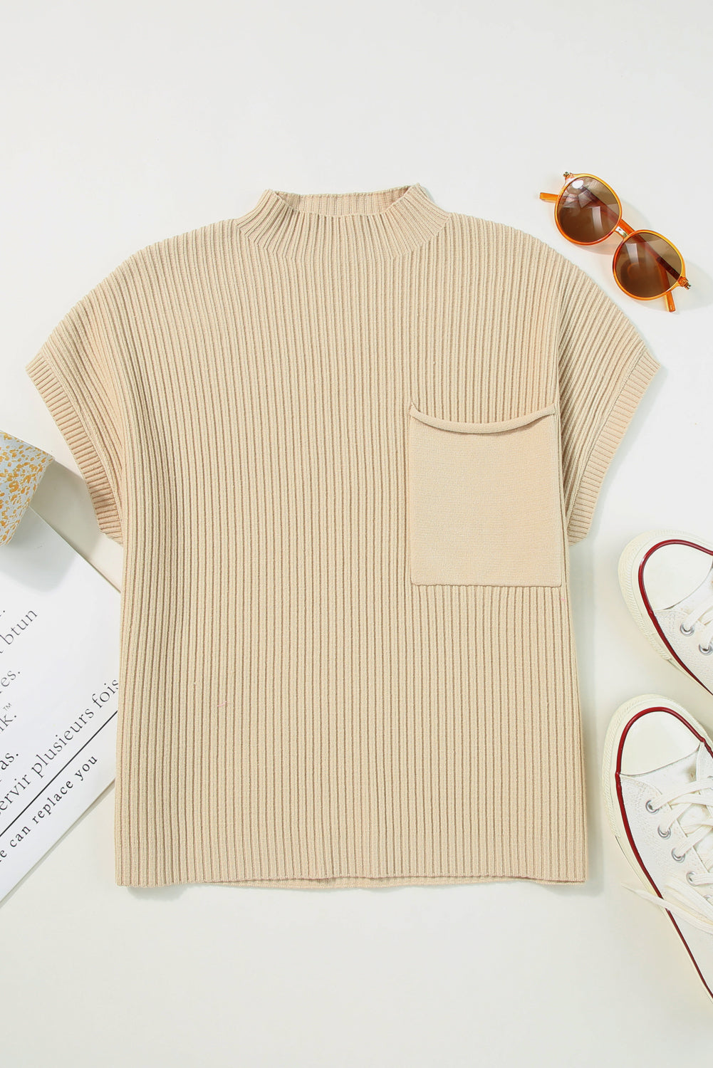 Ribbed (Tan) Short Sleeve Sweater w/ Patch Pocket