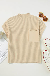 Ribbed (Tan) Short Sleeve Sweater w/ Patch Pocket