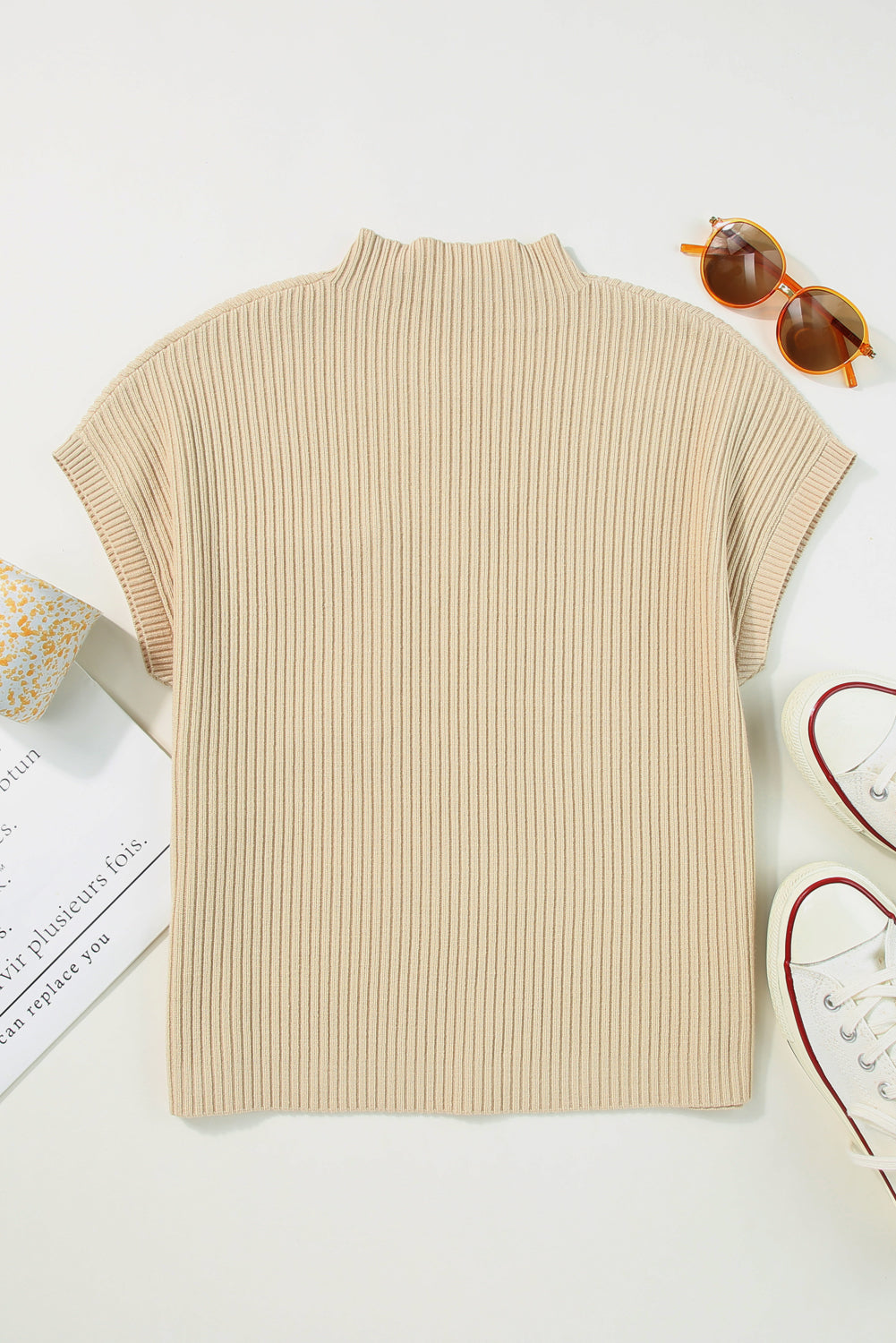 Ribbed (Tan) Short Sleeve Sweater w/ Patch Pocket