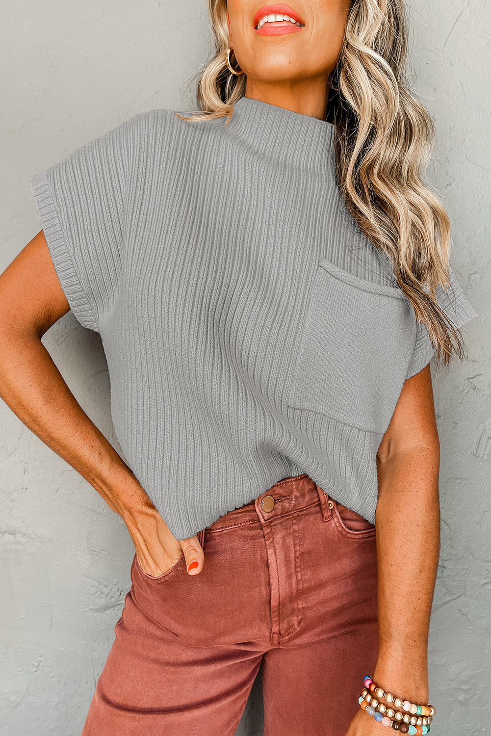 Ribbed (Gray) Short Sleeve Sweater w/ Patch Pocket