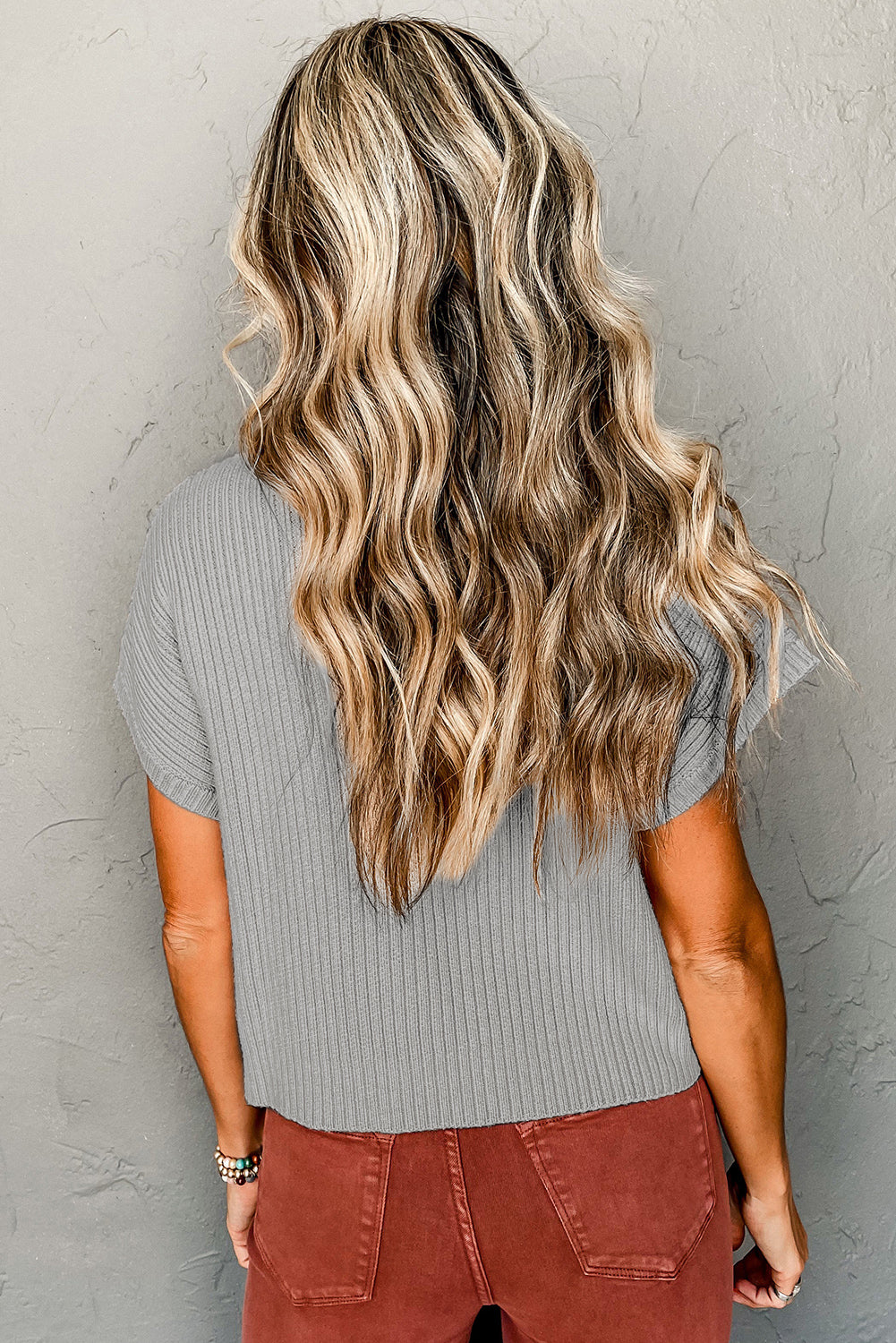 Ribbed (Gray) Short Sleeve Sweater w/ Patch Pocket